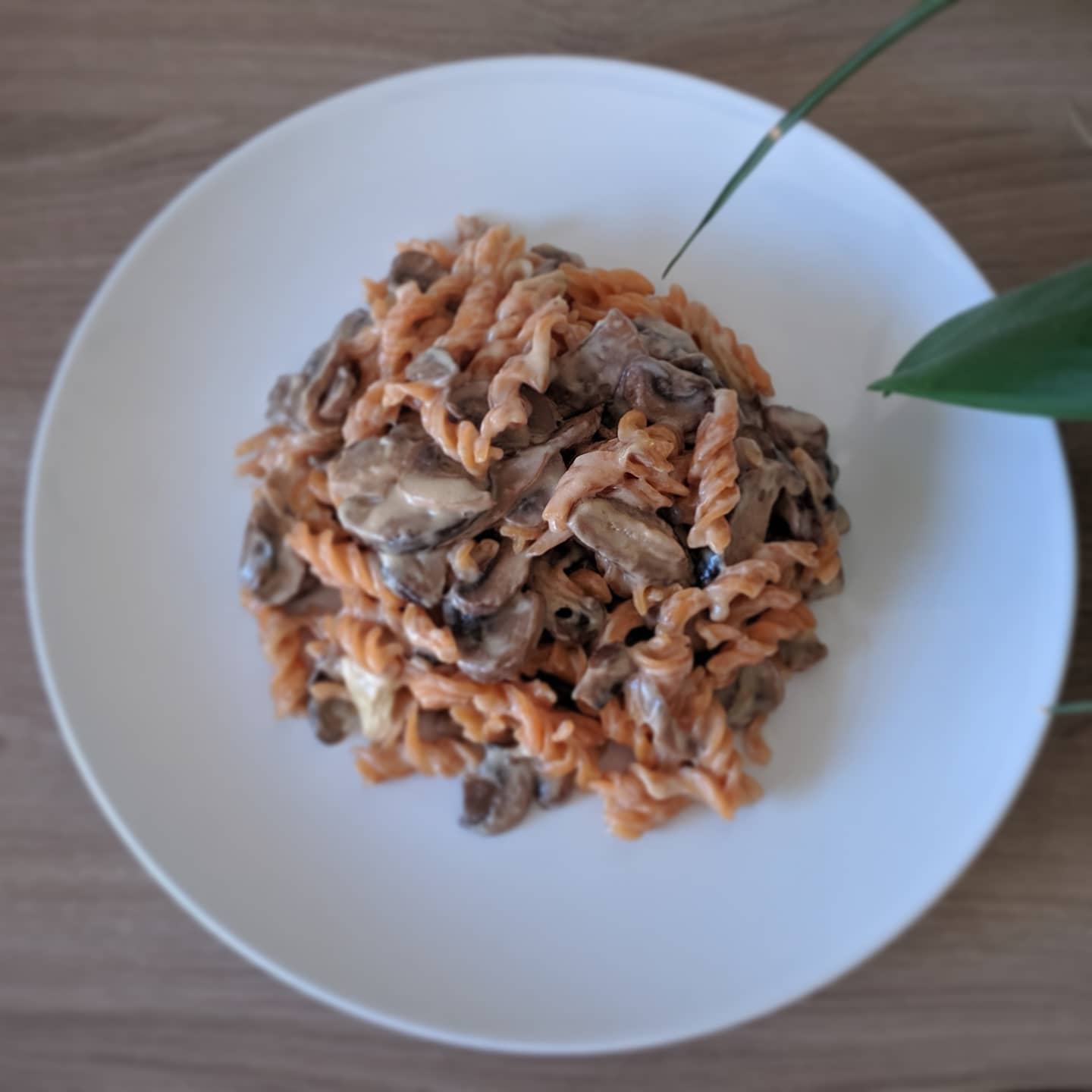 Fusilli de lentejas rojas con cebolla caramelizada, rulo de cabra y setas a la crema