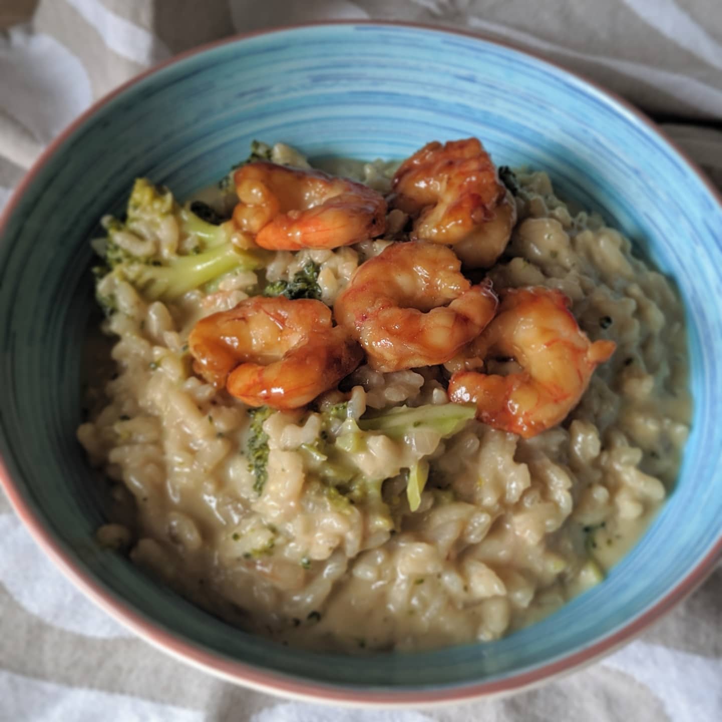 Risotto cremoso de brocoli con gambón teriyaki